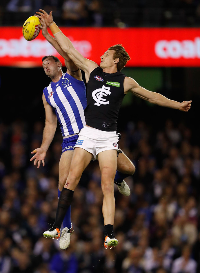 AFL 2016 Rd 09 - North Melbourne v Carlton MELBOURNE, AUSTRALIA - MAY 21: Daniel Gorringe of the Blues and Todd Goldstein of the Kangaroos compete in a ruck contest during the 2016 AFL Round 09 match between the North Melbourne Kangaroos and the Carlton Blues at Etihad Stadium on May 21, 2016 in Melbourne, Australia. (Photo by Adam Trafford/AFL Media)